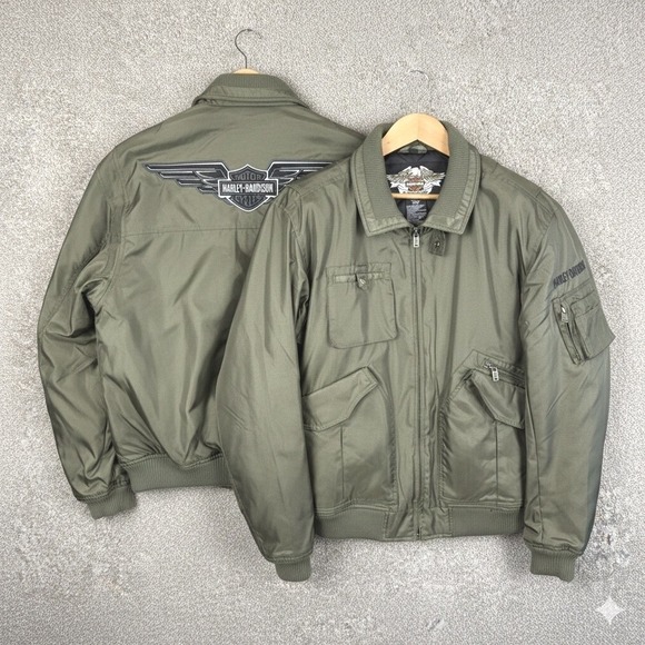 Harley-Davidson Other - Harley-Davidson Mens XL Olive Green Nylon Bomber Jacket Embroidered Wing Logo